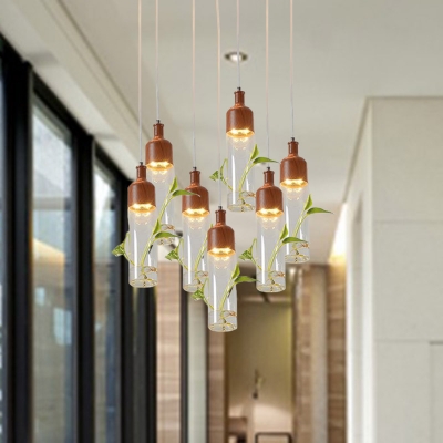 Metal Wine Bottle Cluster Pendant Vintage 3/5/7 Heads Restaurant LED Plant Suspension Lamp in Brown with Round/Linear Canopy
