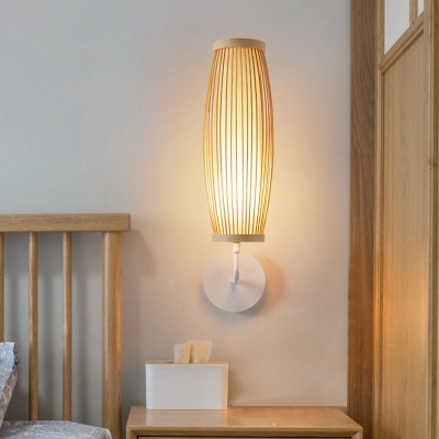 Oblong Bamboo Sconce Japanese 1 Bulb Beige Wall Mounted Lighting for Living Room