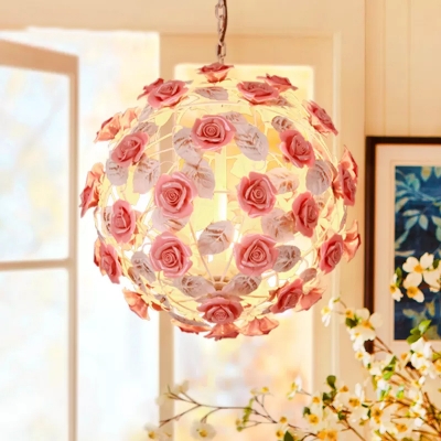 Pink 1 Bulb Pendant Light Fixture Pastoral Metal Globe Hanging Lamp for Dining Room, 14