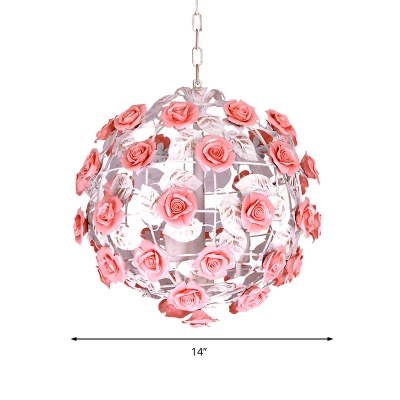 Pink 1 Bulb Pendant Light Fixture Pastoral Metal Globe Hanging Lamp for Dining Room, 14
