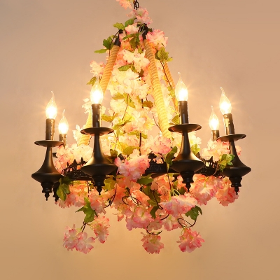 Pink Candelabra Pendant Chandelier Vintage Metal 6 Bulbs Restaurant LED Hanging Ceiling Light with Cherry Blossom Decor