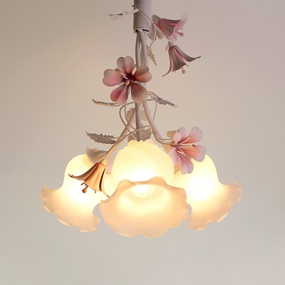 Pink Flower Hanging Chandelier Pastoral White Glass 3 Lights Living Room Ceiling Pendant