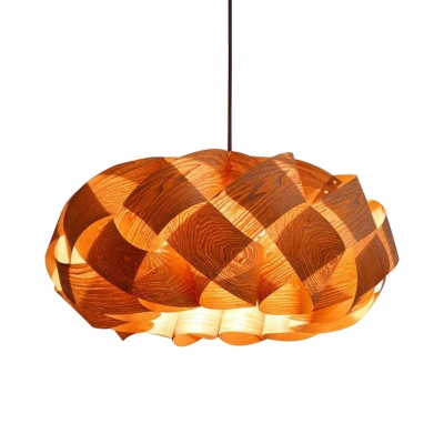 Rounded Drum Hanging Light Chinese Wood 1 Head Pendant Lighting Fixture in Beige