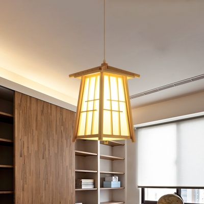Tapered Pendant Light Chinese Wood 1 Bulb Ceiling Suspension Lamp in Beige for Teahouse