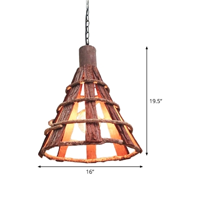 Tapered Wood Pendant Lamp Asian 1 Bulb Brown Ceiling Hanging Light with Adjustable Chain