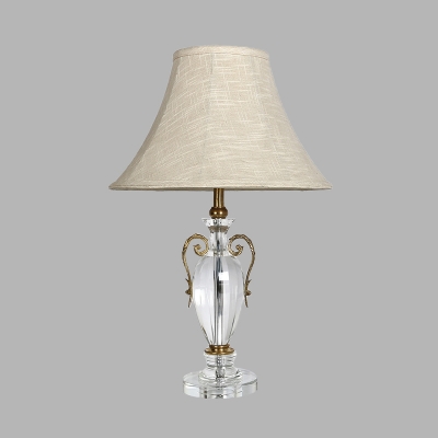 Traditional Bell Nightstand Light 1 Bulb Fabric Table Lamp in Beige with Crystal Accent