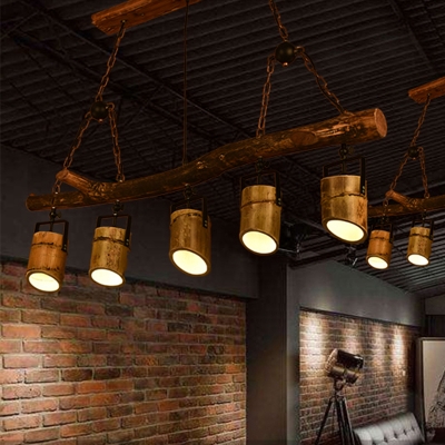 Tube Shaped Dining Room Island Pendant Factory Style Bamboo 5 Lights Wood Ceiling Light
