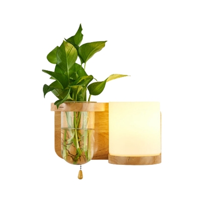 Vintage Cylindrical Wall Light Fixture 1 Head White Glass LED Wall Sconce Lighting in Wood without Plant, Left/Right