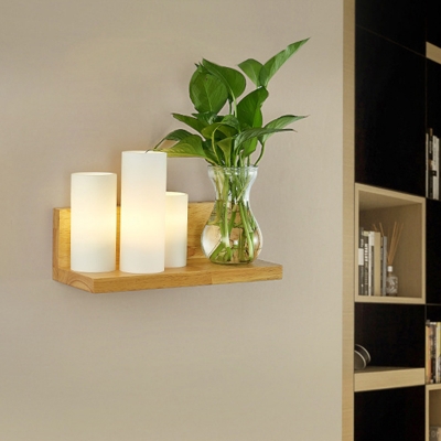 Wood 3 Heads Wall Light Antique Frosted Glass Cylinder LED Wall Sconce without Plant for Study Room, Left/Right