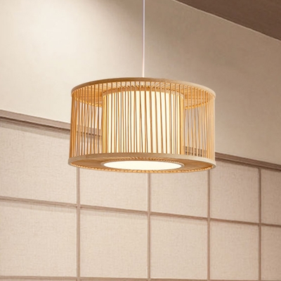 Wood Drum Ceiling Lamp Asian 1 Head Bamboo Hanging Pendant Light with Inner White Shade