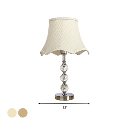 1 Bulb Crystal Night Light Antique Beige/Light Brown Scalloped Bedroom Table Lamp with Metal Round Pedestal