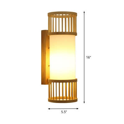 1 Bulb Cylindrical Sconce Light Chinese Wood Wall Mounted Light Fixture in White