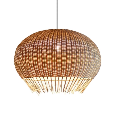 1 Bulb Hand Woven Pendant Lighting Chinese Bamboo Ceiling Suspension Lamp in Beige
