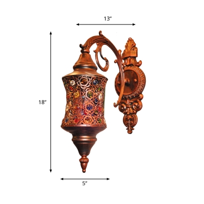 1 Bulb Jar Wall Lamp Traditional Copper Metal Sconce Light Fixture with Carved Backplate