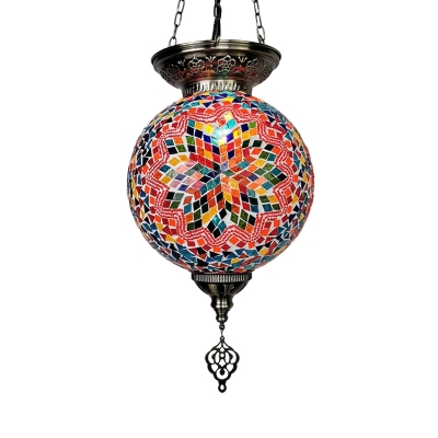 1-Bulb Stained Glass Pendant Traditional White/Red/Blue Global Shade Restaurant Hanging Ceiling Lamp