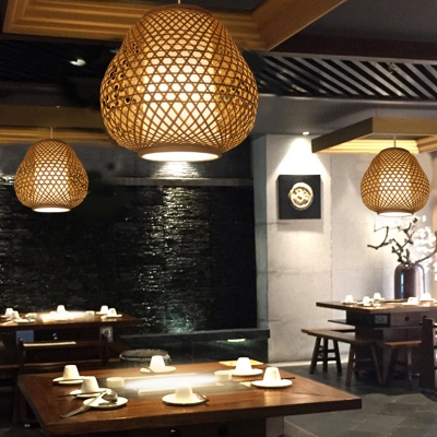 1 Bulb Teahouse Hanging Light Asian Beige Pendant Lighting Fixture with Pear Bamboo Shade