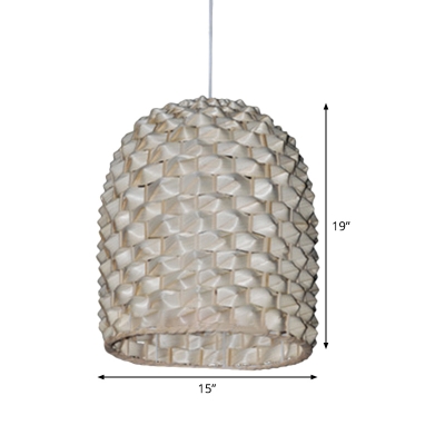 1 Head Elongated Dome Pendant Lamp Chinese Bamboo Hanging Light Fixture in Beige