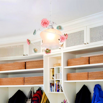 1-Bulb Suspension Lighting Pastoral Blossom White Glass Pendant Light Fixture for Living Room