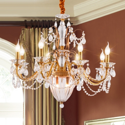6/8 Lights Chandelier Lighting Rural Candelabra Clear Crystal Hanging Ceiling Light in Gold for Living Room