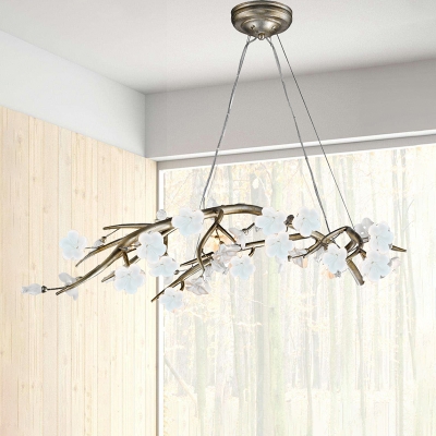 9 Bulbs Iron Hanging Chandelier Vintage Silver Branch Bedroom Pendant Lighting Fixture with Porcelain Flower Decor