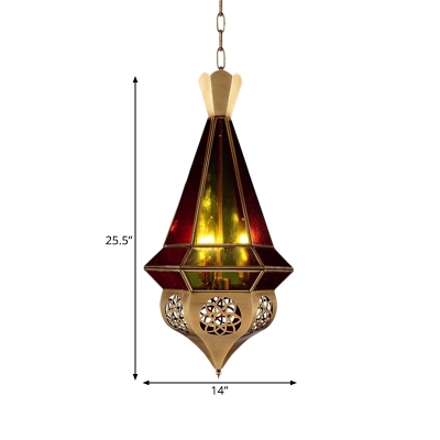 Antiqued Cone Pendant Chandelier 3 Lights Metal Suspended Lamp in Brass with Red and Green Glass Shade