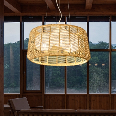 Bamboo Drum Chandelier Lighting Japanese 3 Bulbs Hanging Light Fixture in Beige for Tearoom
