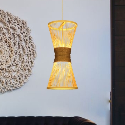 Beige Hourglass Pendant Lamp Asian 1 Bulb Bamboo Hanging Light Fixture for Living Room