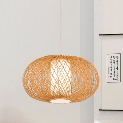 Beige Pumpkin Ceiling Lamp Japanese 1 Head Bamboo Hanging Light Fixture with Inner White Tube Parchment Shade