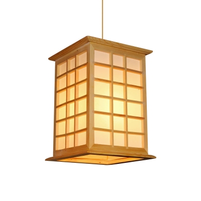 Beige Rectangular Ceiling Light Asian 1 Bulb Wood Suspended Lighting Fixture for Restaurant