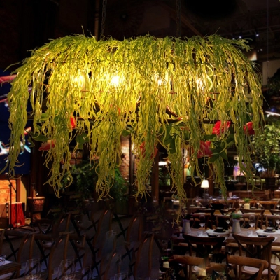 Birdcage Metal Island Chandelier Light Antique 4 Heads Restaurant Ceiling Lamp in Black with Grass Decoration