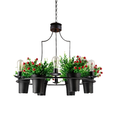Black/White 6 Heads Chandelier Lamp Antique Metal 1/2 Tiers LED Down Lighting Pendant with Plant Decoration