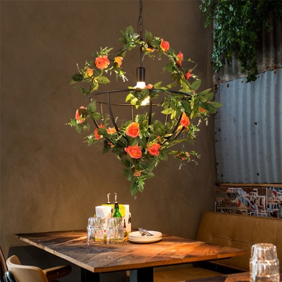 Caged Restaurant Pendant Ceiling Light Retro Metal 1 Head Green LED Drop Lamp with Flower Decor