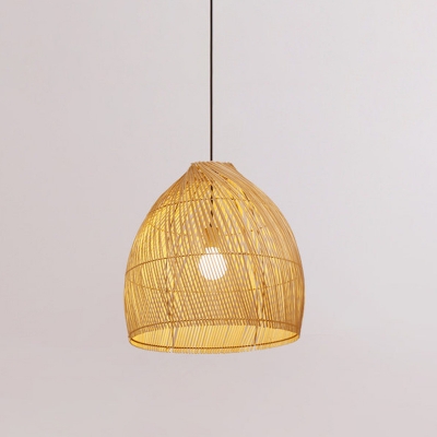 Chinese 1 Bulb Pendant Lighting Beige Dome Ceiling Suspension Lamp with Bamboo Shade