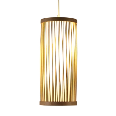 Chinese 1 Head Ceiling Light Wood Tubular Pendant Lighting Fixture with Bamboo Shade