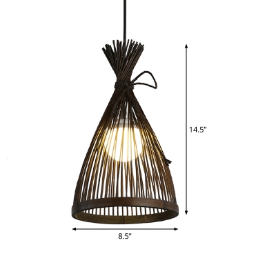 Conical Hanging Lamp Asia Bamboo 1 Bulb Dark Coffee Ceiling Pendant Light, 8.5