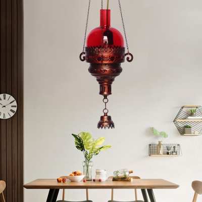 Copper 1 Bulb Ceiling Pendant Light Traditional Red/Green Glass Lantern Shaped Hanging Light Fixture