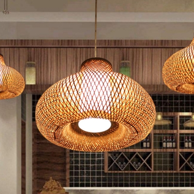 Flaxen Jar Pendant Light Asia 1 Bulb Bamboo Ceiling Suspension Lamp with White Tube Parchment Shade