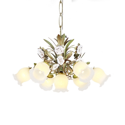 Floral Cream Glass Chandelier Light Traditionalism 4/7/9 Bulbs Bedroom LED Pendant Lamp in Green