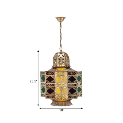 Geometric Restaurant Chandelier Traditional Brass Metal 6 Bulbs Pendant Lamp with Colorful Glass Shade