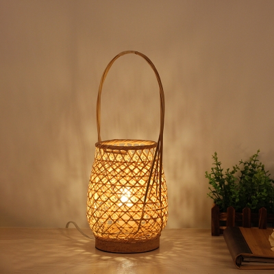 Hand-Worked Bamboo Desk Light Chinese 1 Bulb Flaxen Task Lighting with Curved Handle