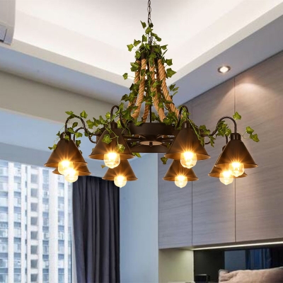 Hemp Rope Black Hanging Chandelier Conical 8 Lights Industrial LED Pendant Lighting with Plant