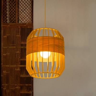 Laser Cut Pendant Lighting Chinese Wood 1 Bulb Ceiling Hanging Light in Beige for Dining Room