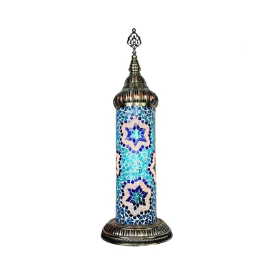LED Tower Shaped Table Lighting Vintage Yellow/Blue/Green Stained Glass Nightstand Lamp for Bedroom