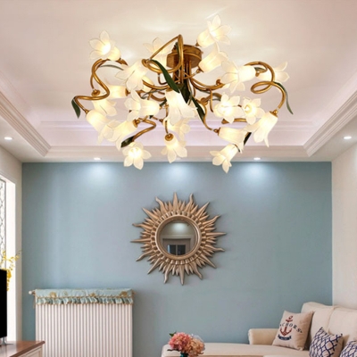 Metal Brass Ceiling Fixture Bloom 25 Bulbs Retro LED Semi Flush Mount Lighting for Living Room