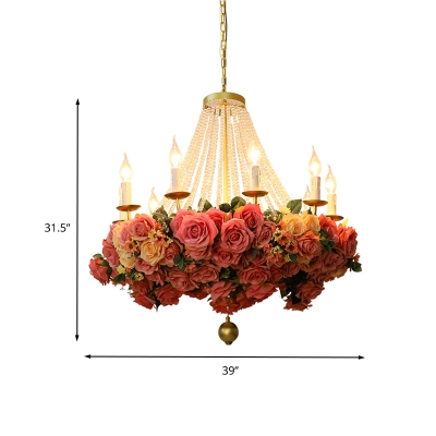Metal Candle Chandelier Light Fixture Antique 10 Heads LED Restaurant Pendant Lamp in Pink with Rose Decoration
