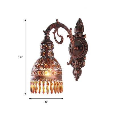 Metal Copper Wall Lamp Domed 1 Head Antique Sconce Light Fixture with Carved Curvy Arm