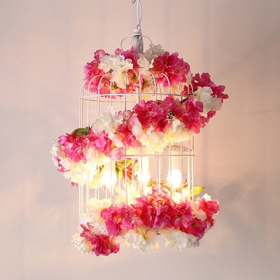 Metal Rose Red Flower Hanging Chandelier Birdcage 3 Bulbs Industrial Ceiling Light for Restaurant