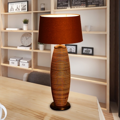 Oblong Desk Lamp Chinese Wood 1 Head Coffee Task Lighting with Drum Fabric Shade