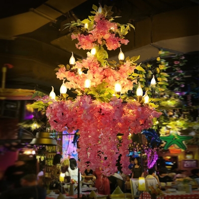 Pink 3 Tiers Chandelier Pendant Light Vintage Metal 21 Lights LED Flower Restaurant Drop Lamp