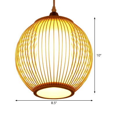 Round Hanging Light Chinese Bamboo 1 Bulb Beige Suspended Lighting Fixture for Dining Room